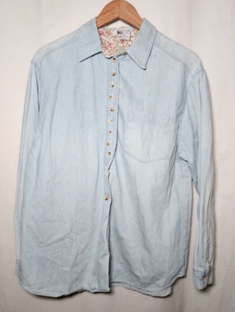 Women's Kikomo Light Blue Denim Floral Collar Button Down Shirt L